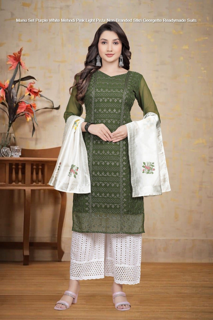 Manu Set Purple White Mehndi Pink Light Pista Non-Branded Stkri Georgette Readymade Suits