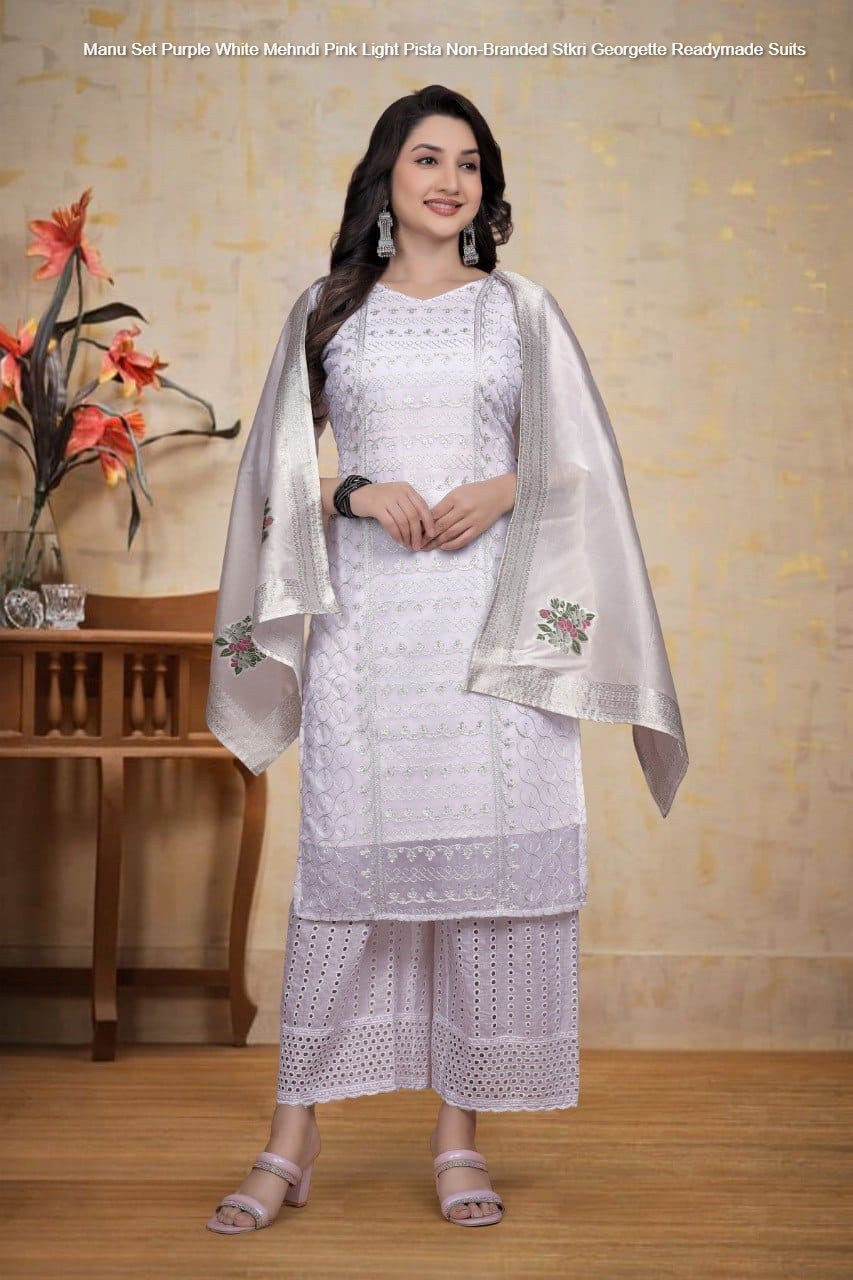 Manu Set Purple White Mehndi Pink Light Pista Non-Branded Stkri Georgette Readymade Suits