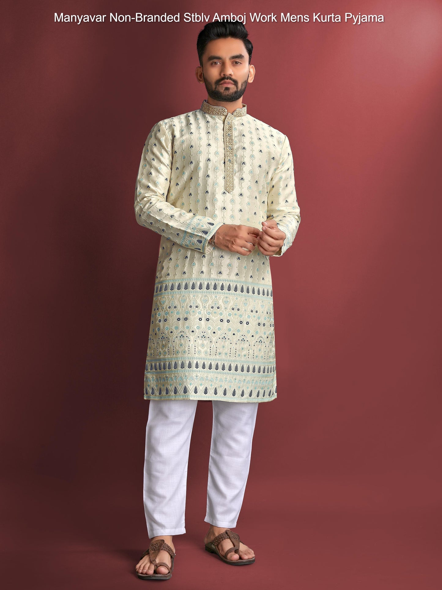 Manyavar Non-Branded Stblv Amboj Work Mens Kurta Pyjama