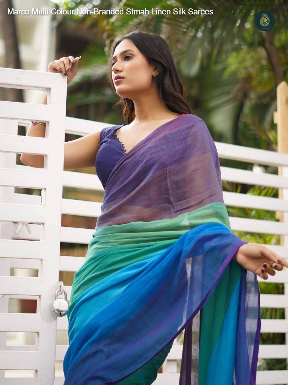 Marco Multi Colour Non-Branded Stmah Linen Silk Sarees