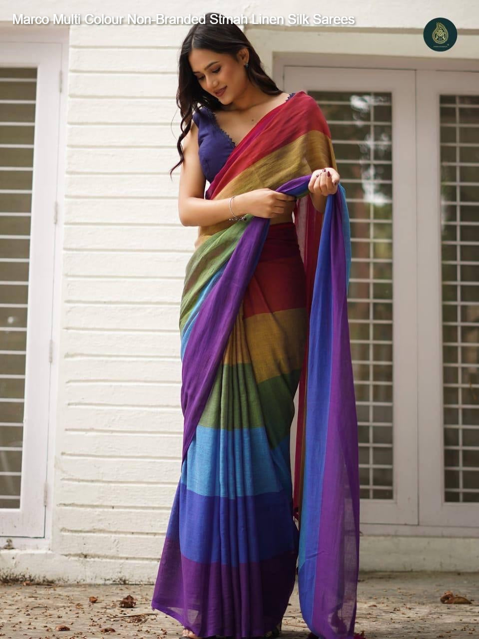 Marco Multi Colour Non-Branded Stmah Linen Silk Sarees