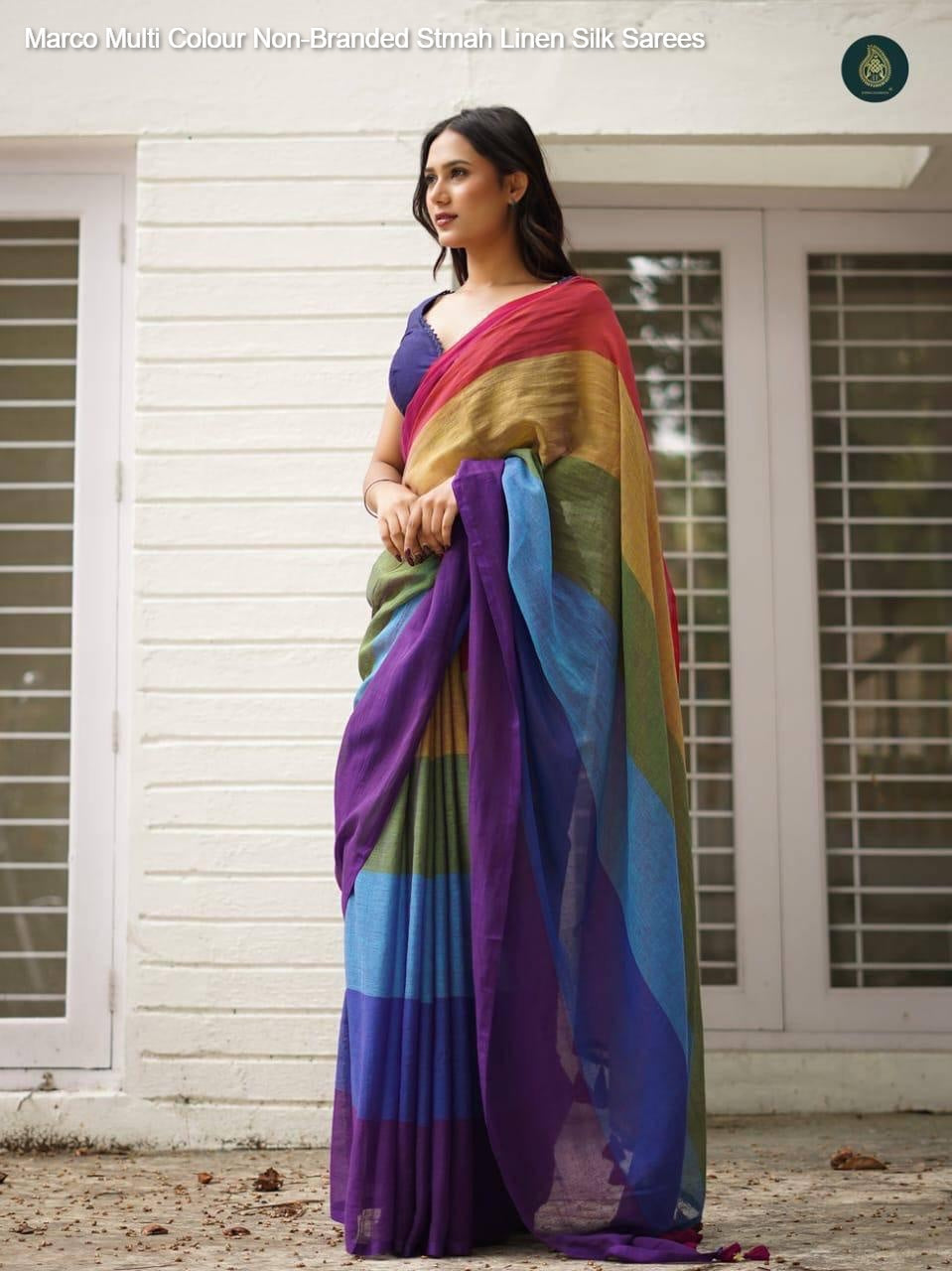 Marco Multi Colour Non-Branded Stmah Linen Silk Sarees