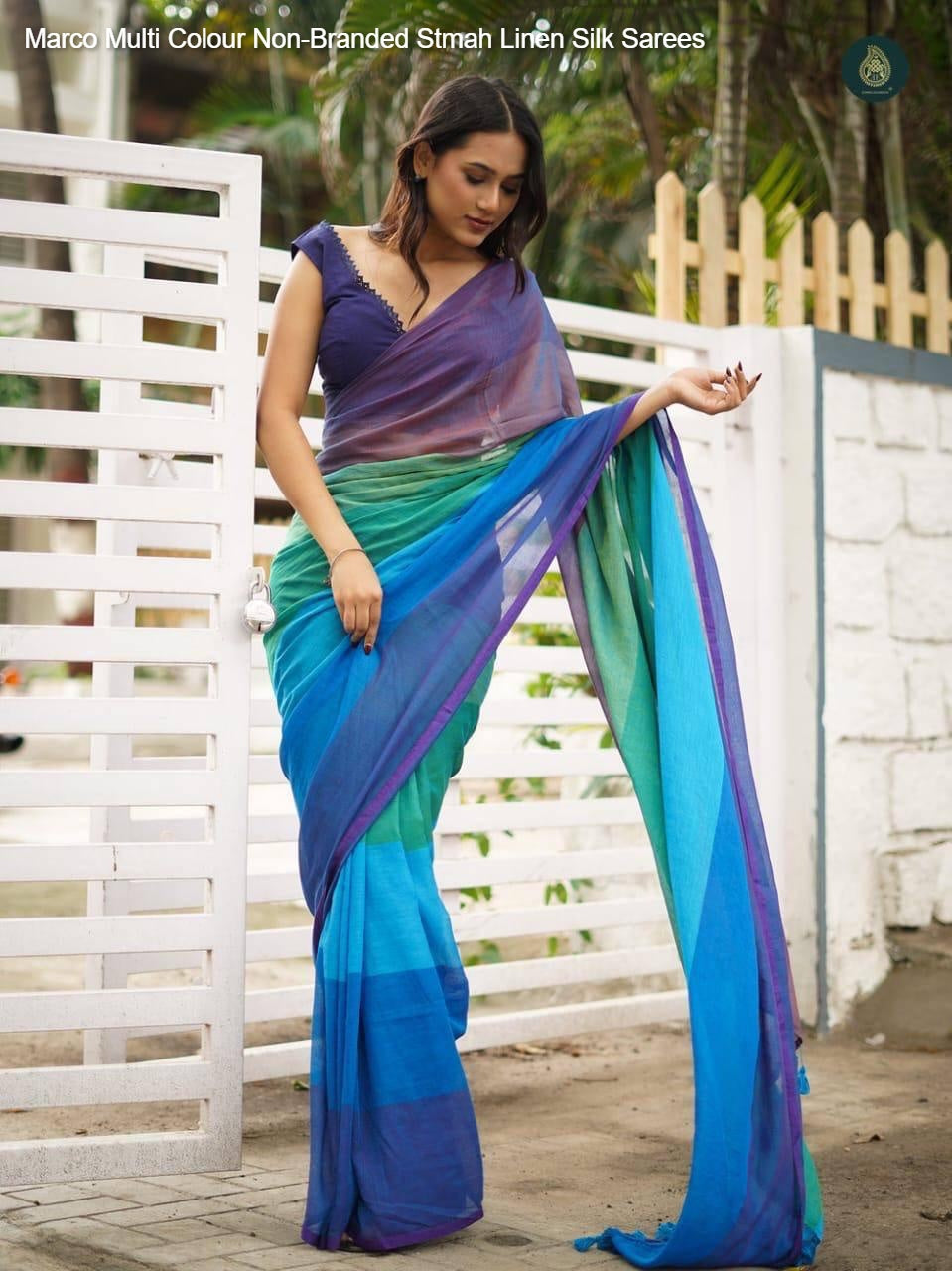 Marco Multi Colour Non-Branded Stmah Linen Silk Sarees