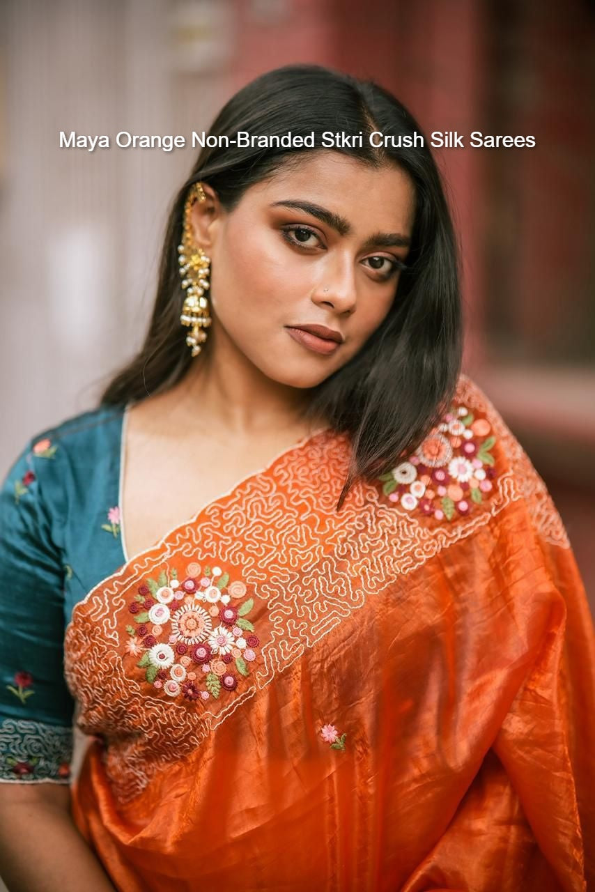 Maya Orange Non-Branded Stkri Crush Silk Sarees