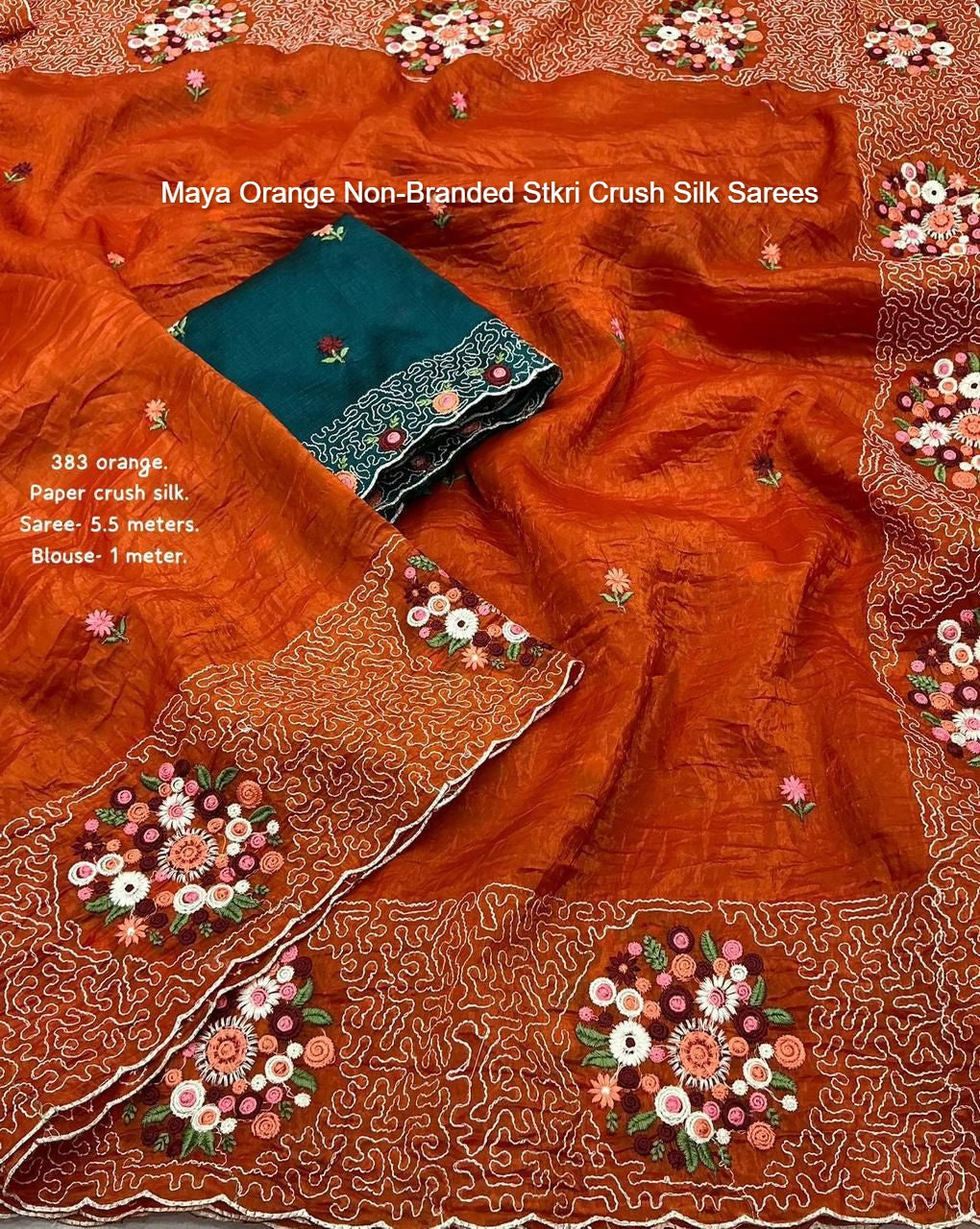 Maya Orange Non-Branded Stkri Crush Silk Sarees