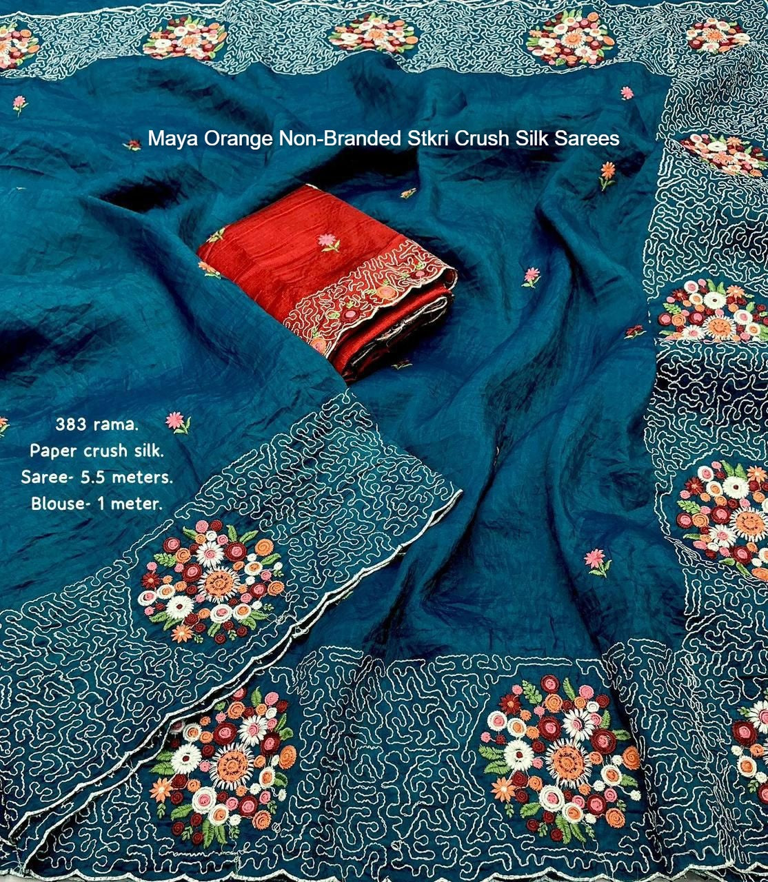 Maya Orange Non-Branded Stkri Crush Silk Sarees