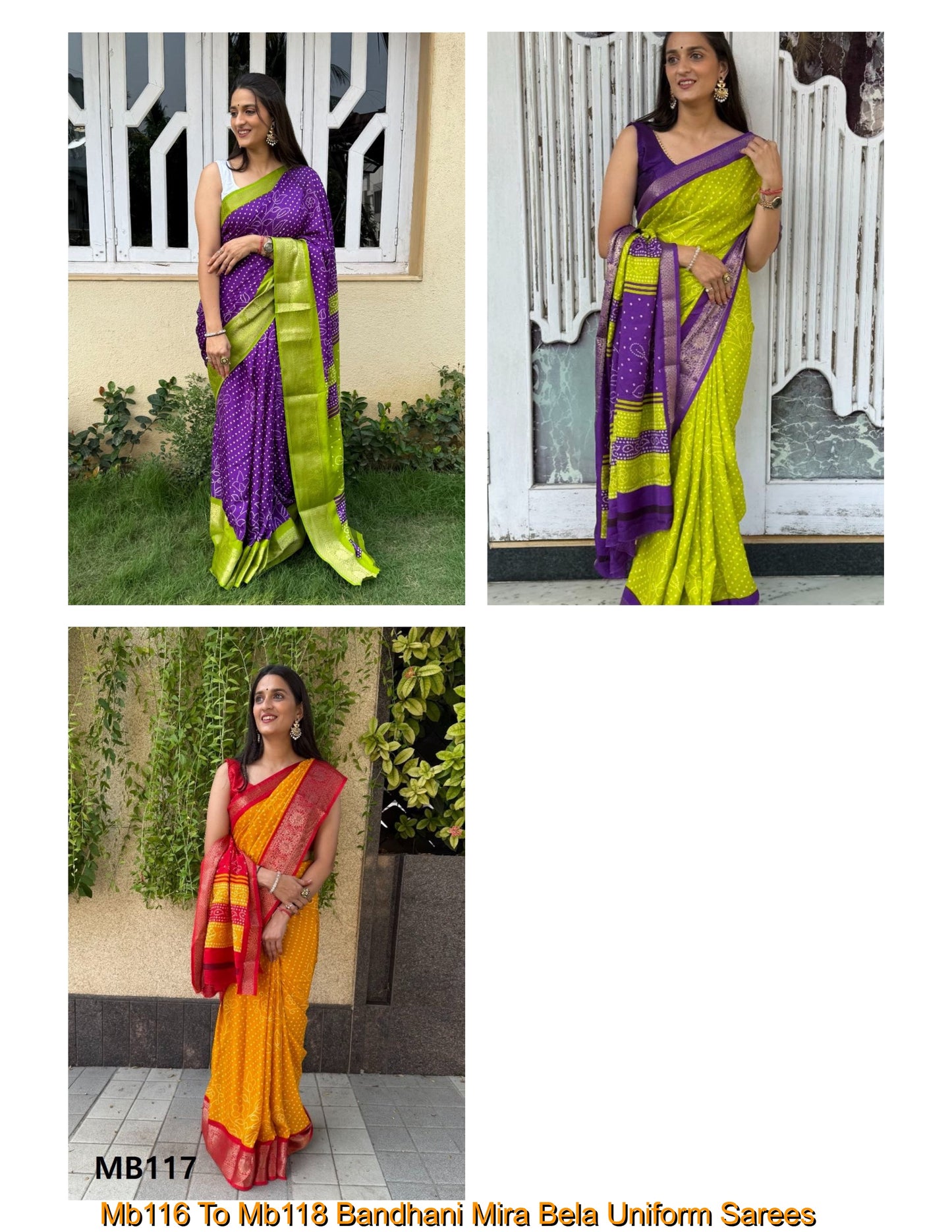 Mb116 To Mb118 Bandhani Mira Bela Uniform Sarees