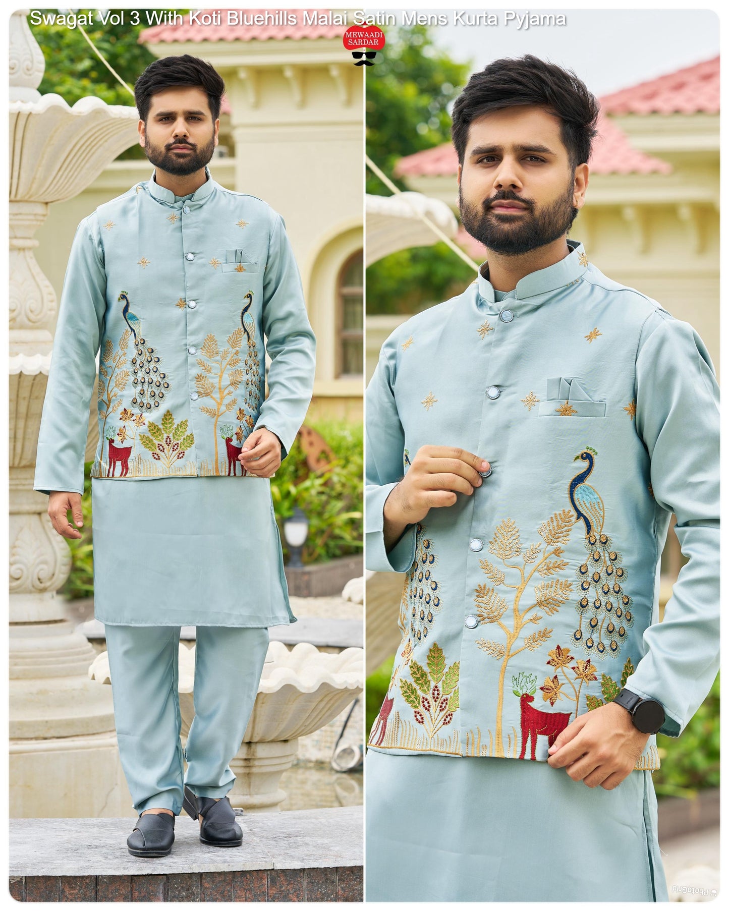 Mewaadi Sardar Swagat Vol 3 With Koti Bluehills Malai Satin Mens Kurta Pyjama