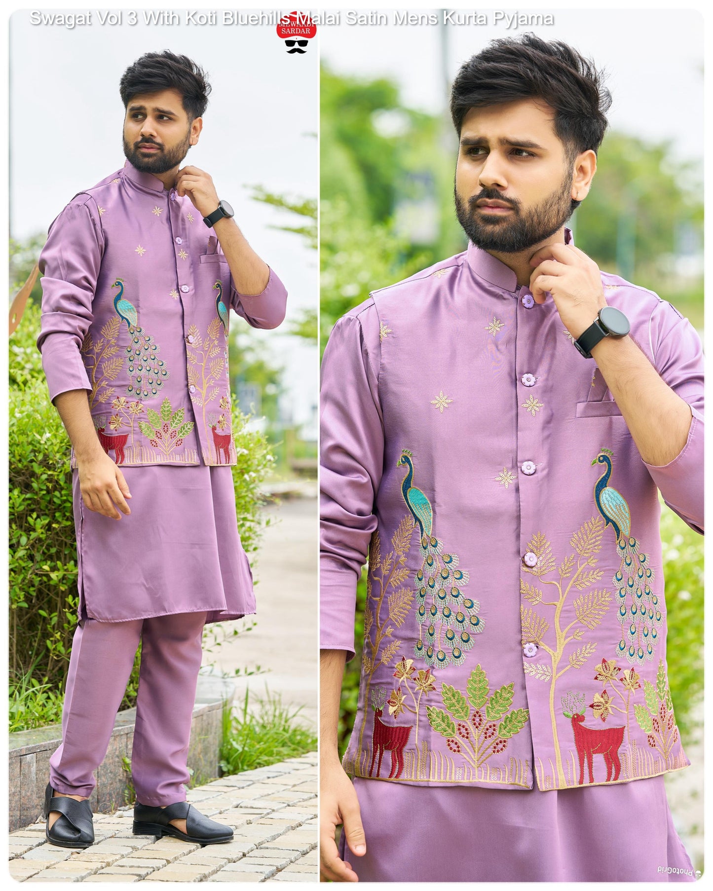 Mewaadi Sardar Swagat Vol 3 With Koti Bluehills Malai Satin Mens Kurta Pyjama