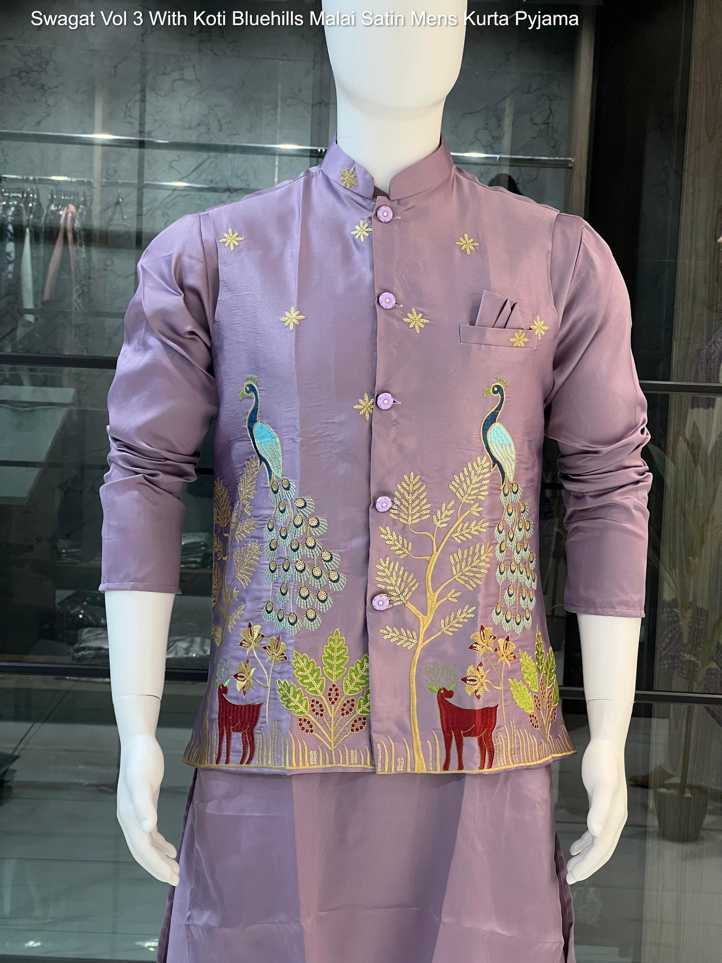 Mewaadi Sardar Swagat Vol 3 With Koti Bluehills Malai Satin Mens Kurta Pyjama