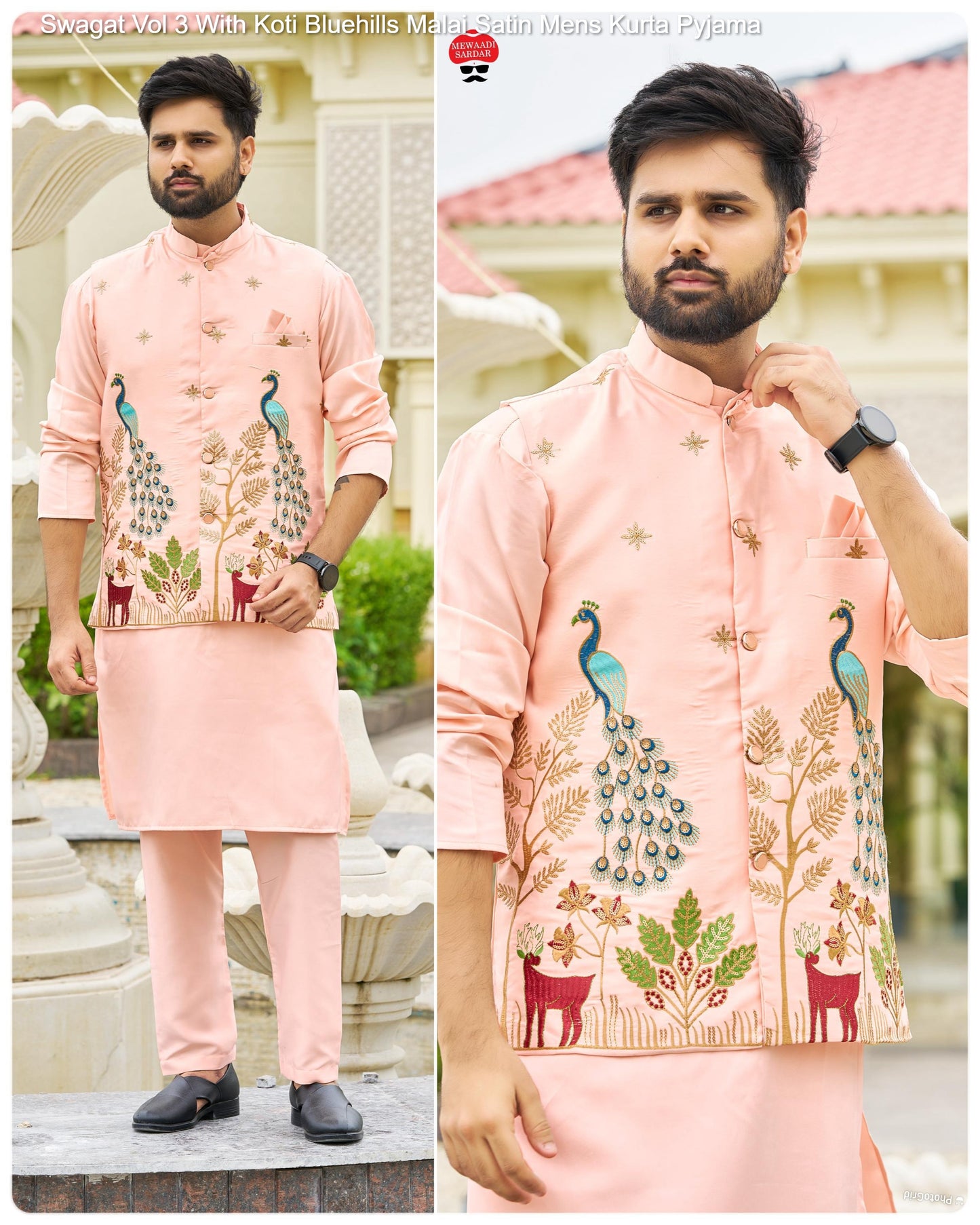 Mewaadi Sardar Swagat Vol 3 With Koti Bluehills Malai Satin Mens Kurta Pyjama