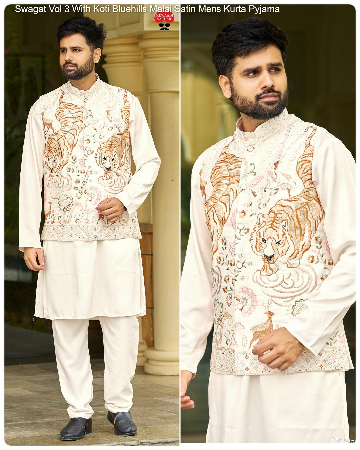 Mewaadi Sardar Swagat Vol 3 With Koti Bluehills Malai Satin Mens Kurta Pyjama