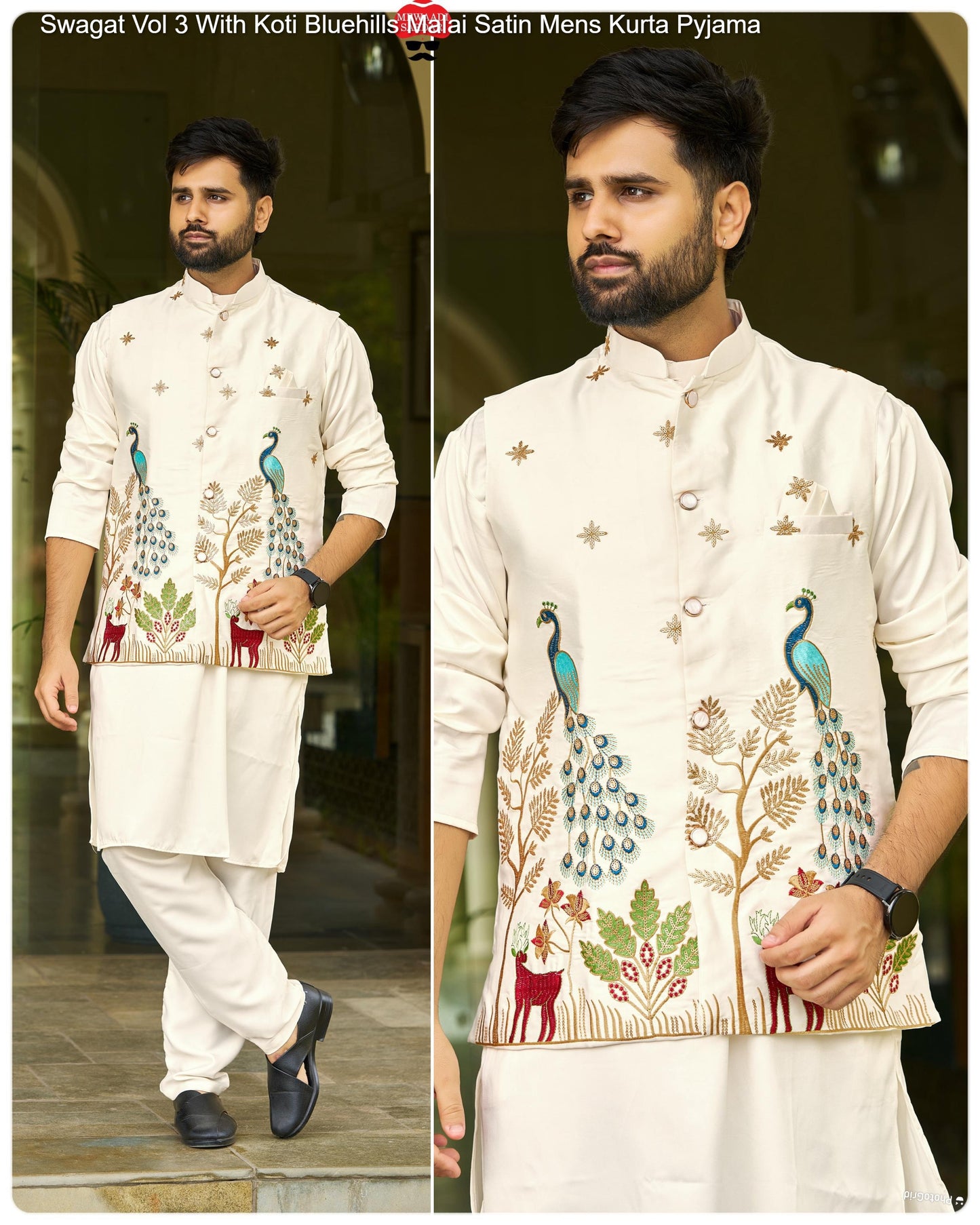 Mewaadi Sardar Swagat Vol 3 With Koti Bluehills Malai Satin Mens Kurta Pyjama