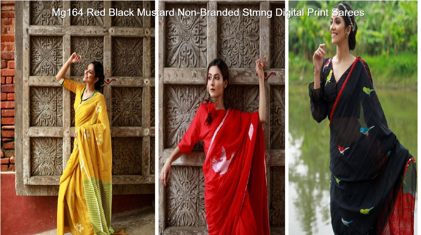 Mg164 Red Black Mustard Non-Branded Stmng Digital Print Sarees