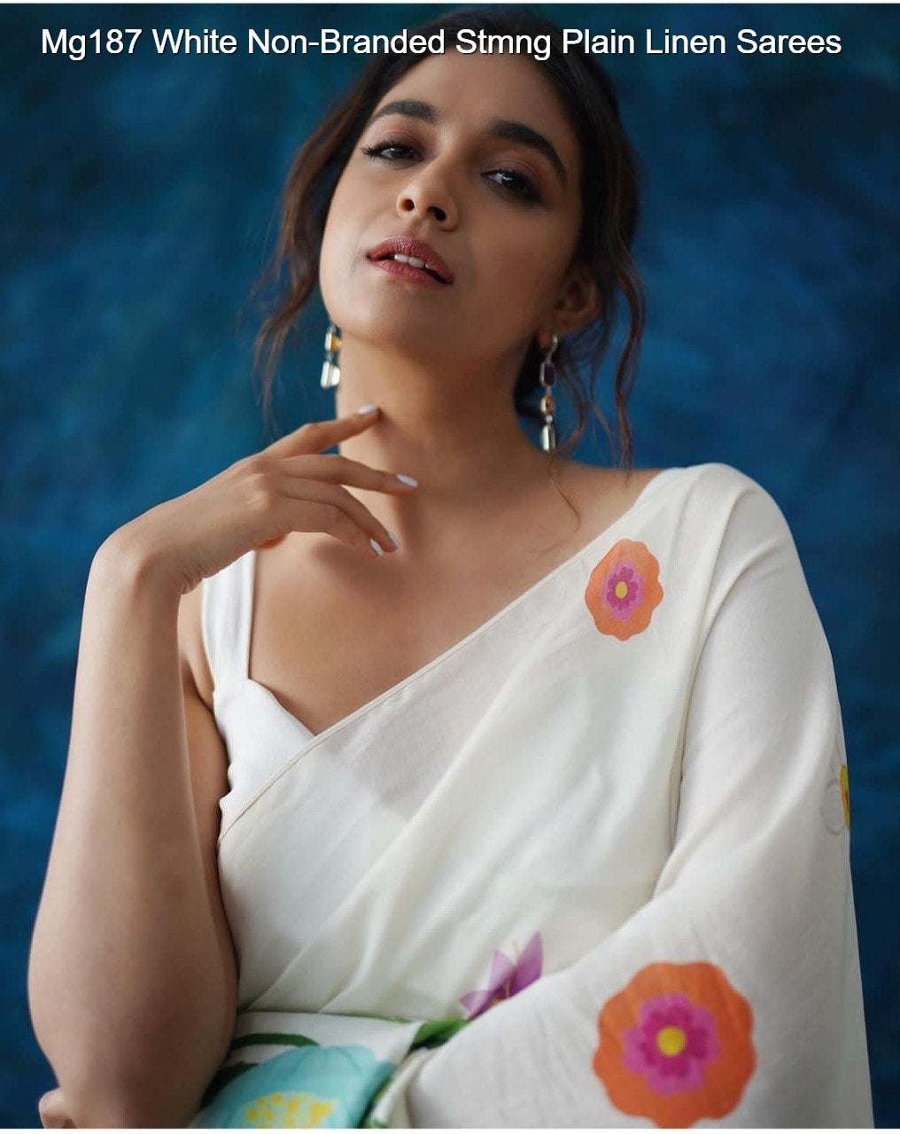 Mg187 White Non-Branded Stmng Plain Linen Sarees