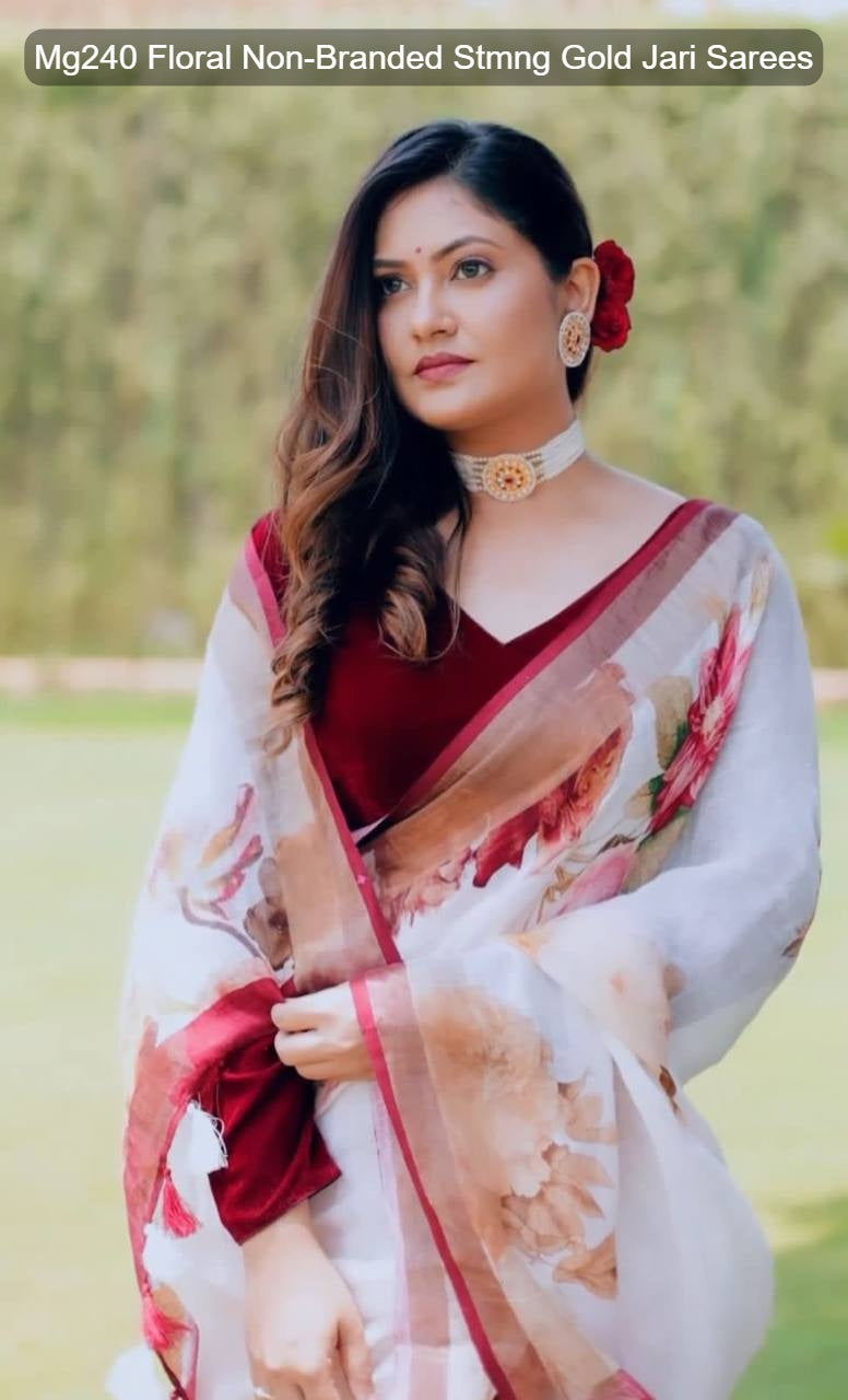 Mg240 Floral Non-Branded Stmng Gold Jari Sarees