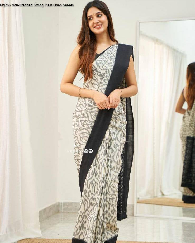 Mg255 Non-Branded Stmng Plain Linen Sarees