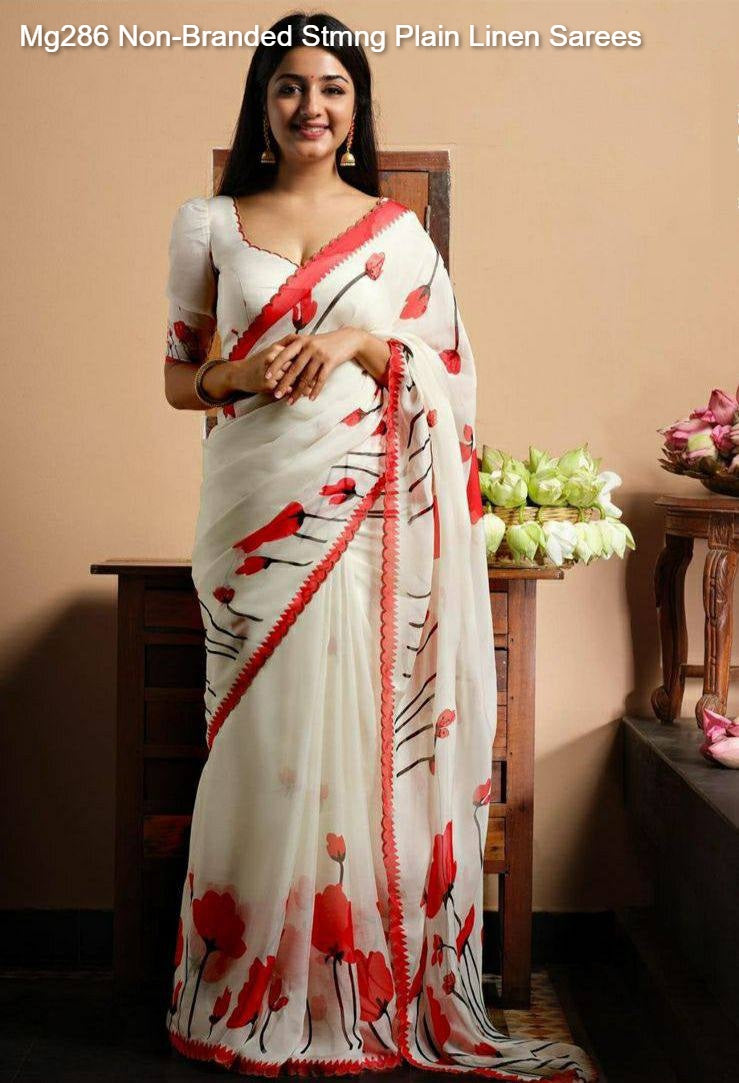 Mg286 Non-Branded Stmng Plain Linen Sarees
