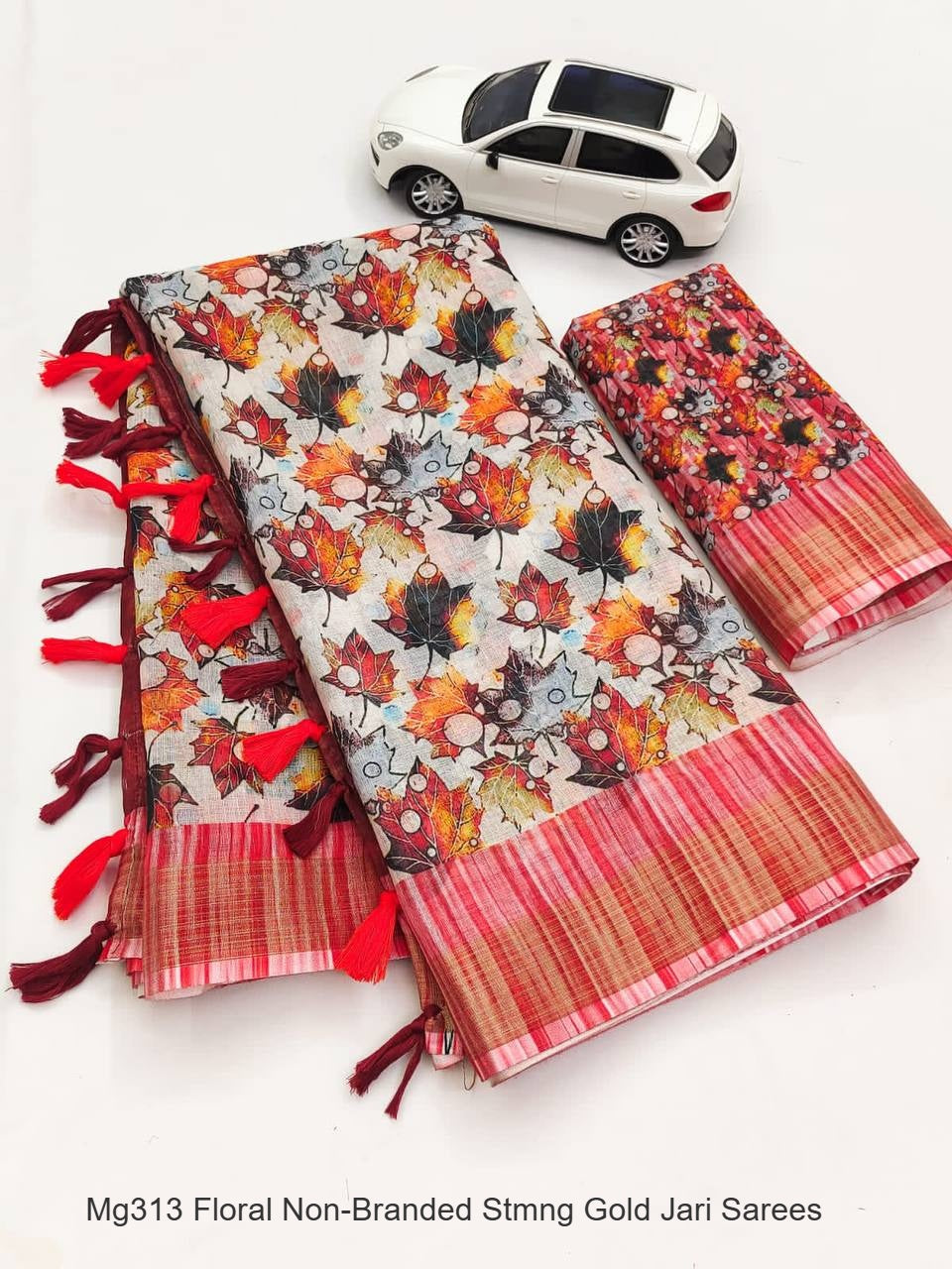Mg313 Floral Non-Branded Stmng Gold Jari Sarees