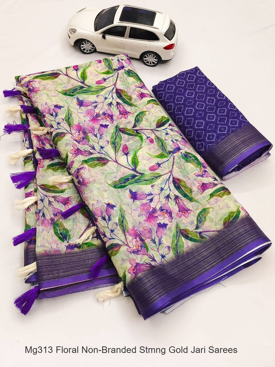 Mg313 Floral Non-Branded Stmng Gold Jari Sarees