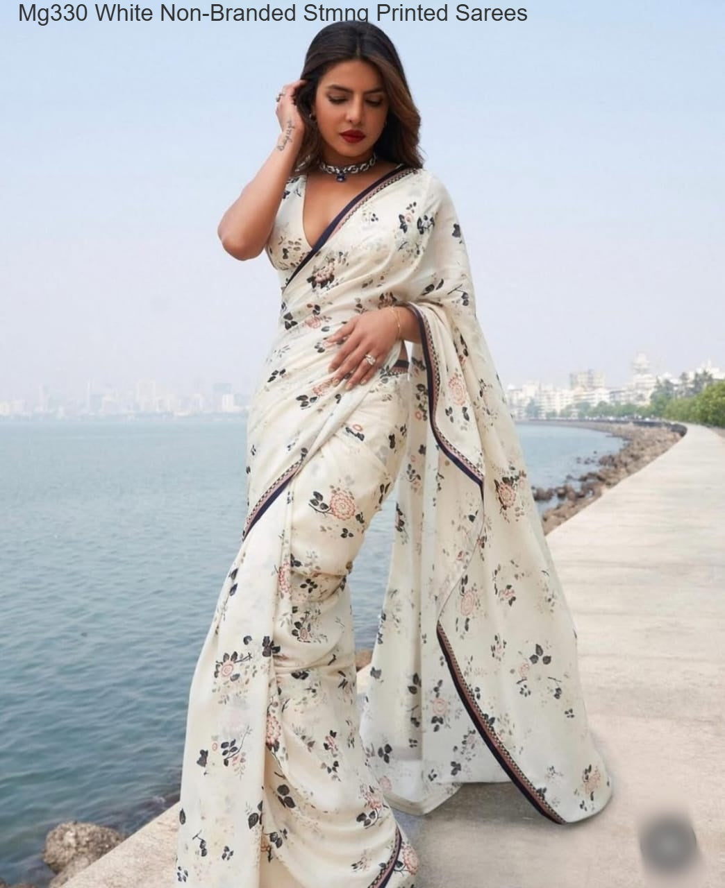 Mg330 White Non-Branded Stmng Printed Sarees