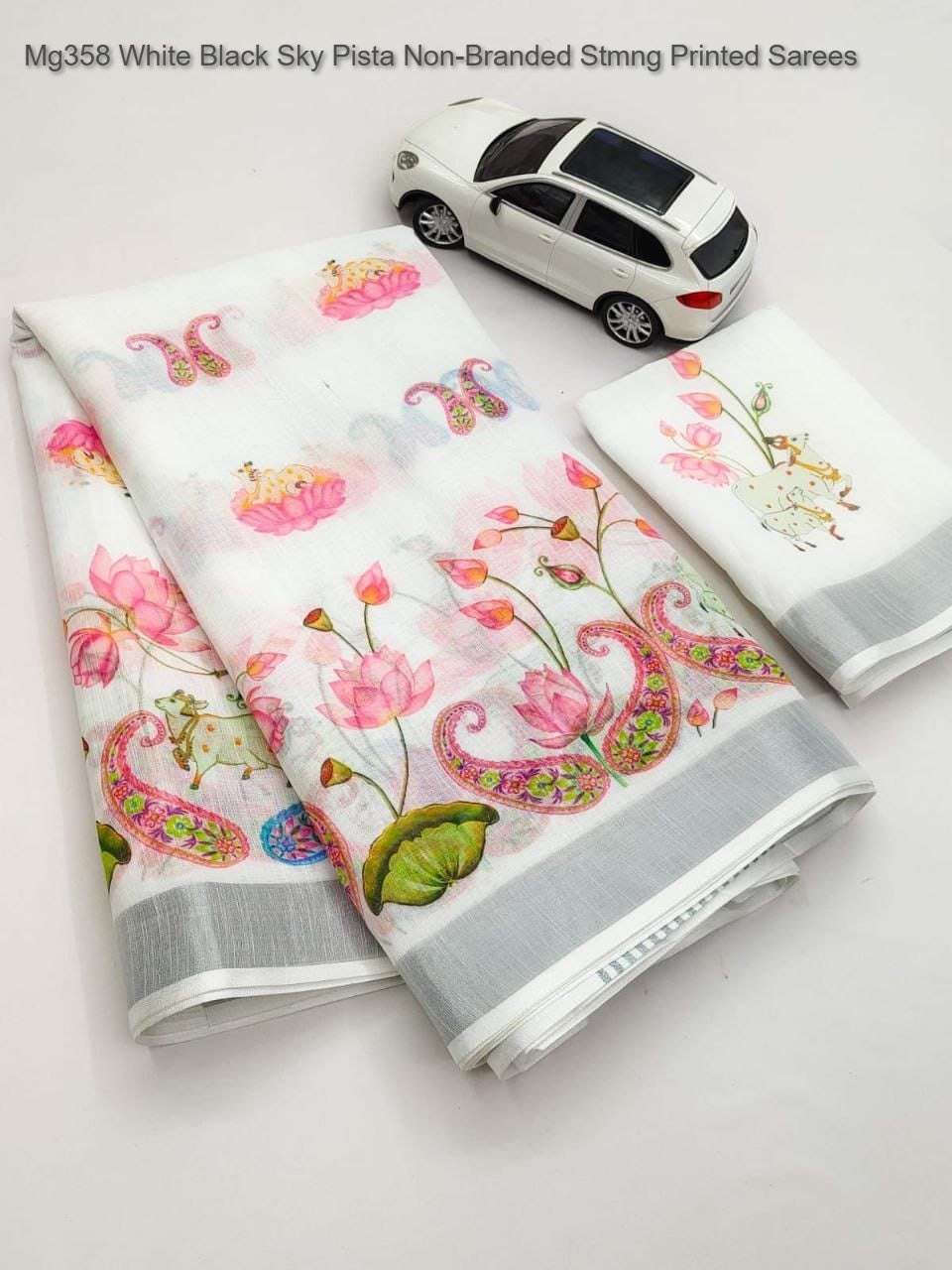 Mg358 White Black Sky Pista Non-Branded Stmng Printed Sarees