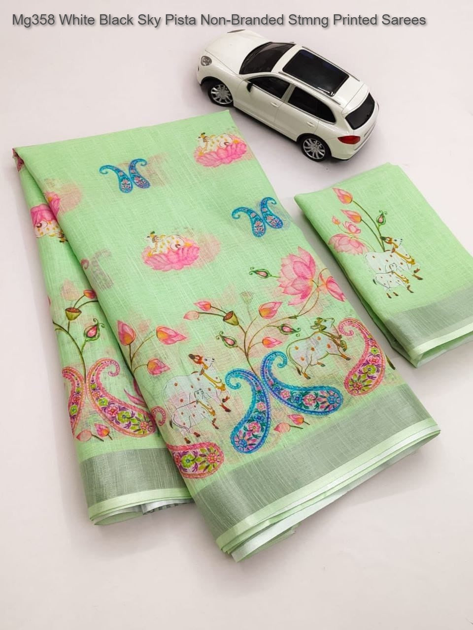 Mg358 White Black Sky Pista Non-Branded Stmng Printed Sarees
