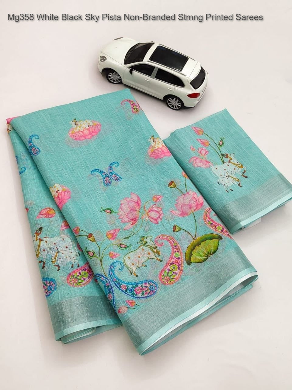 Mg358 White Black Sky Pista Non-Branded Stmng Printed Sarees