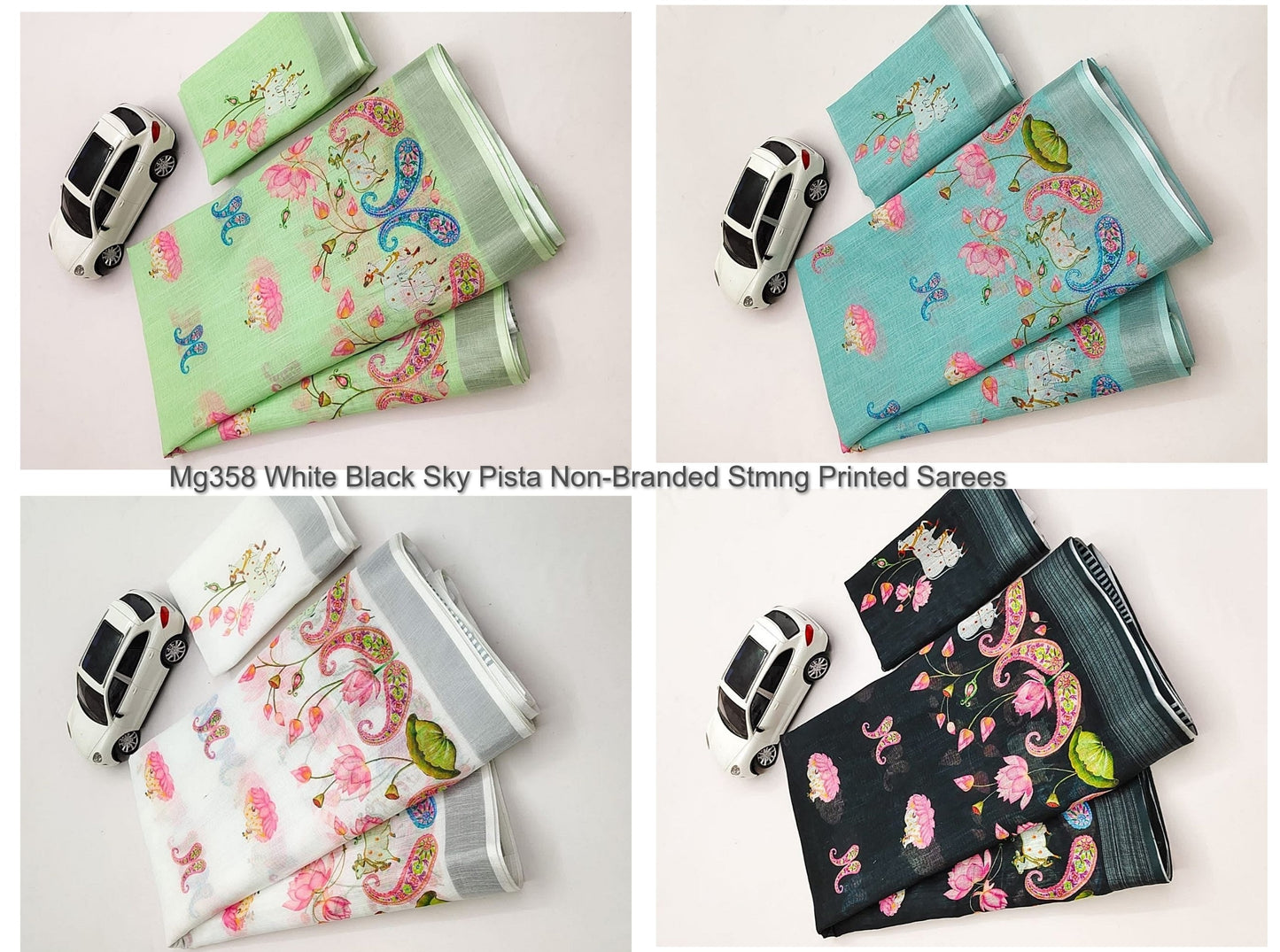 Mg358 White Black Sky Pista Non-Branded Stmng Printed Sarees