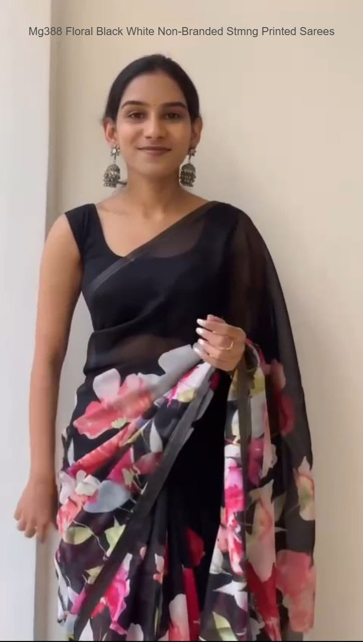 Mg388 Floral Black White Non-Branded Stmng Printed Sarees