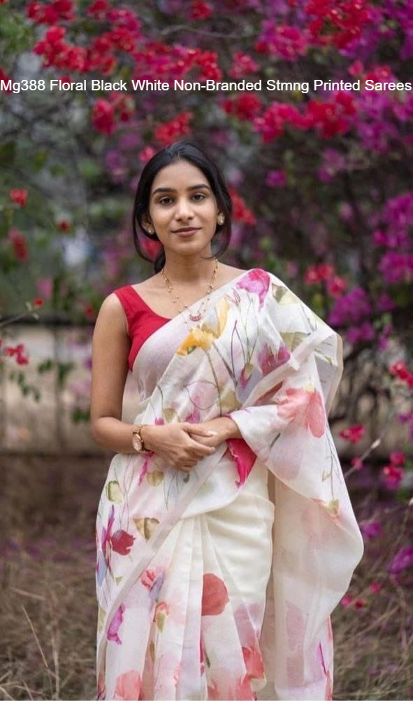 Mg388 Floral Black White Non-Branded Stmng Printed Sarees