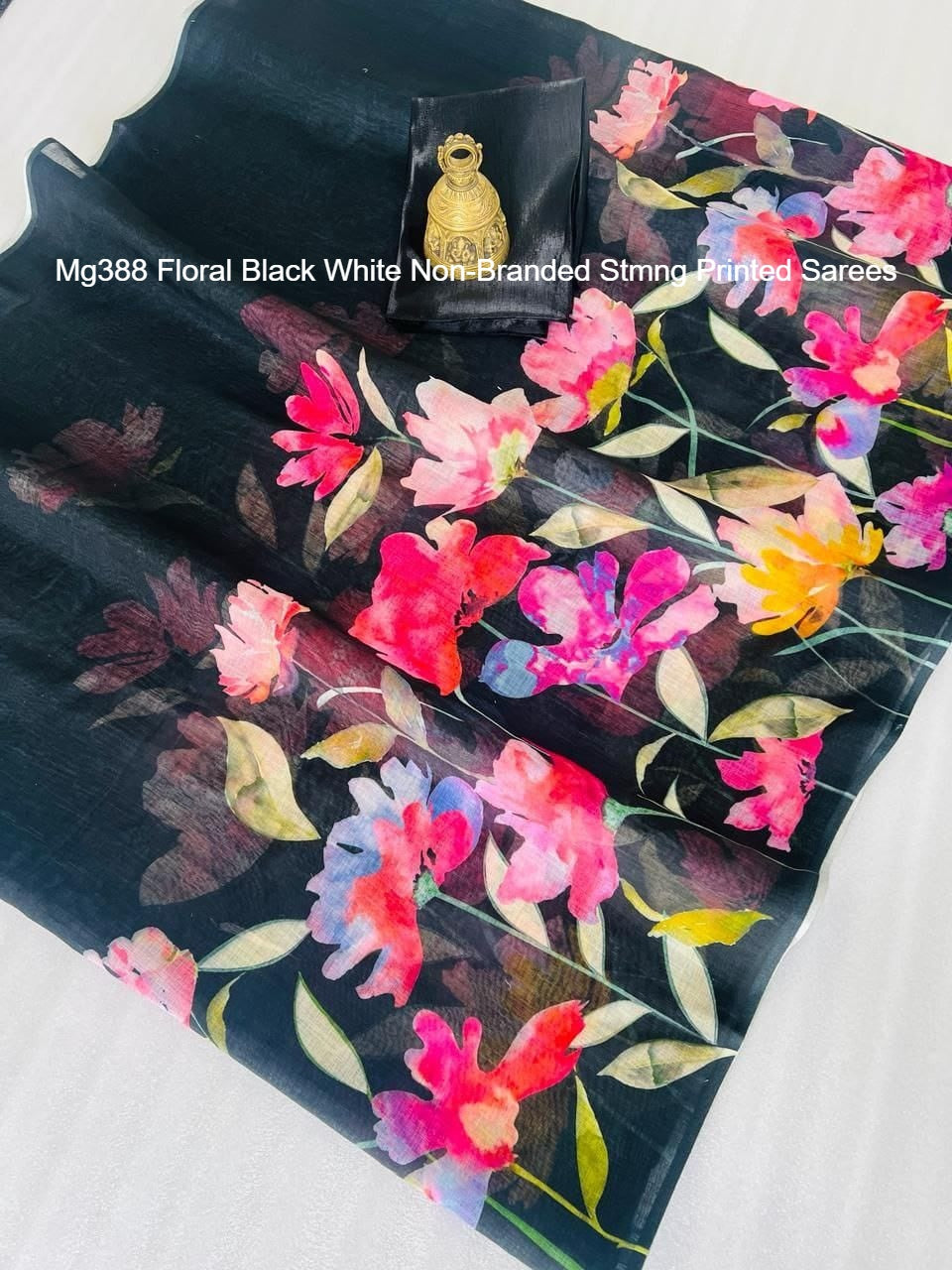 Mg388 Floral Black White Non-Branded Stmng Printed Sarees