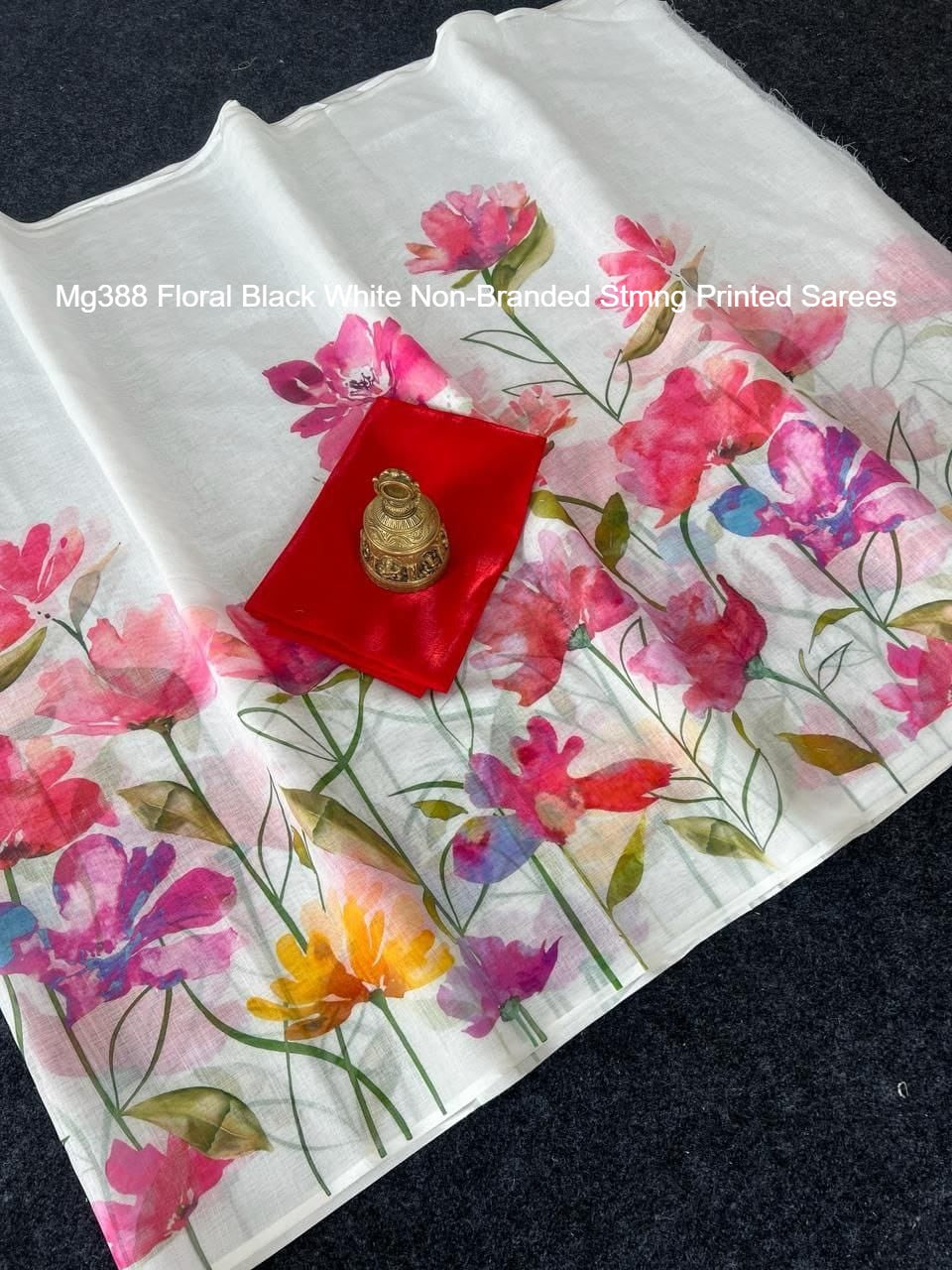Mg388 Floral Black White Non-Branded Stmng Printed Sarees