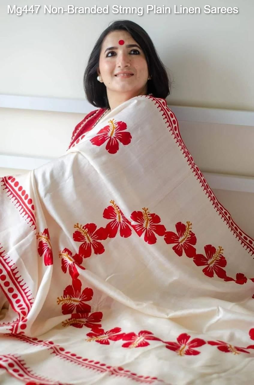 Mg447 Non-Branded Stmng Plain Linen Sarees