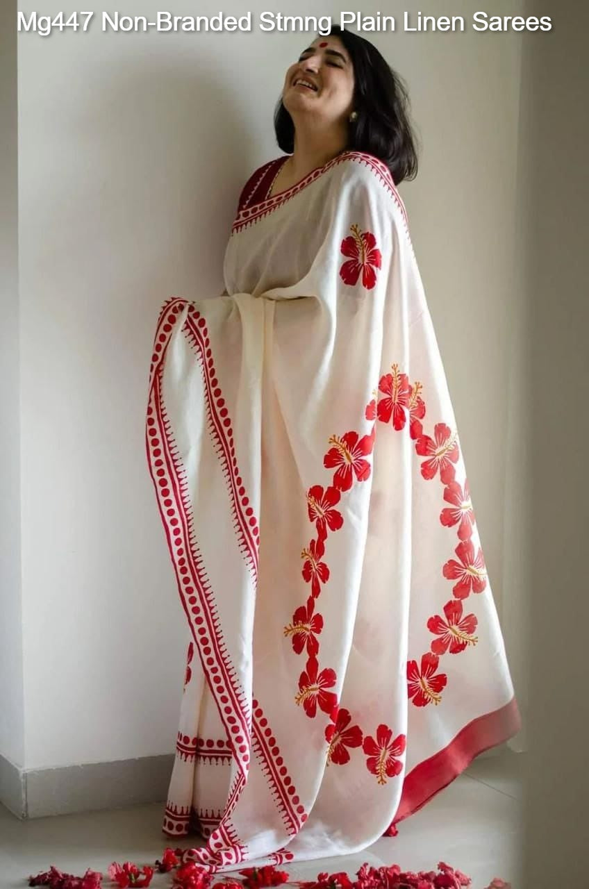 Mg447 Non-Branded Stmng Plain Linen Sarees