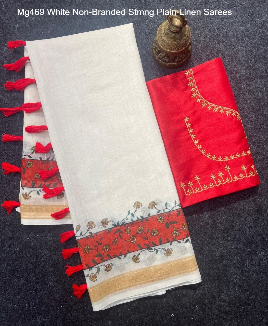 Mg469 White Non-Branded Stmng Plain Linen Sarees