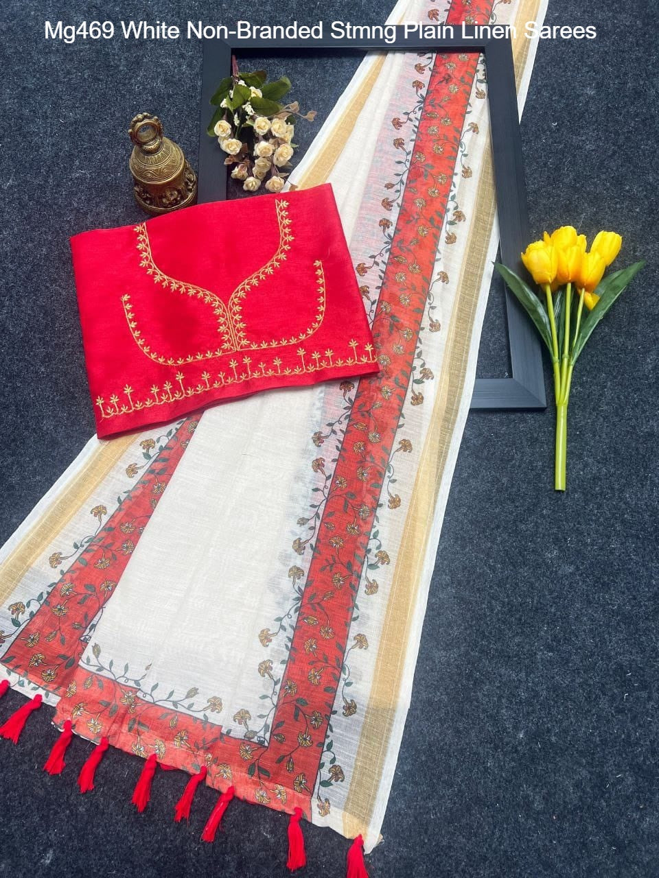 Mg469 White Non-Branded Stmng Plain Linen Sarees