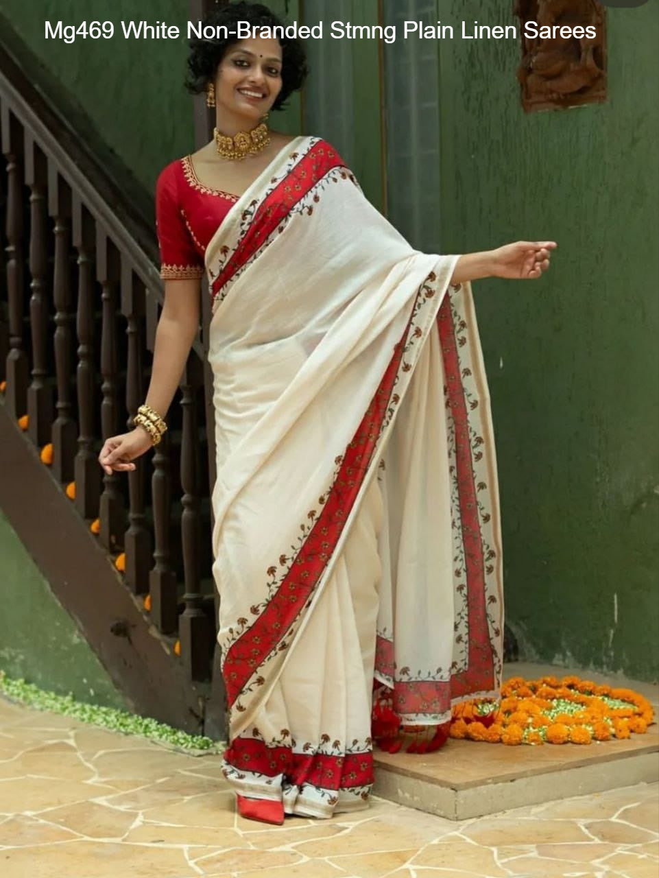 Mg469 White Non-Branded Stmng Plain Linen Sarees