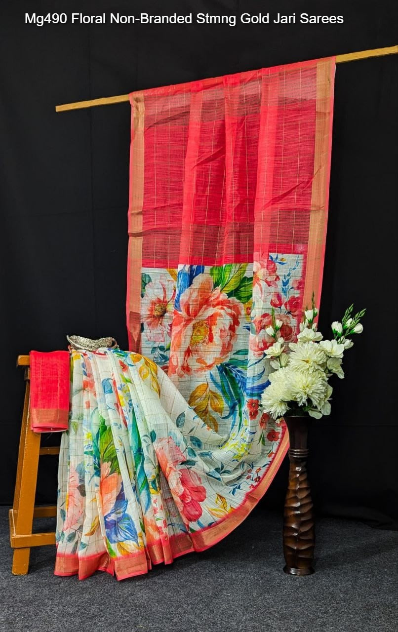Mg490 Floral Non-Branded Stmng Gold Jari Sarees