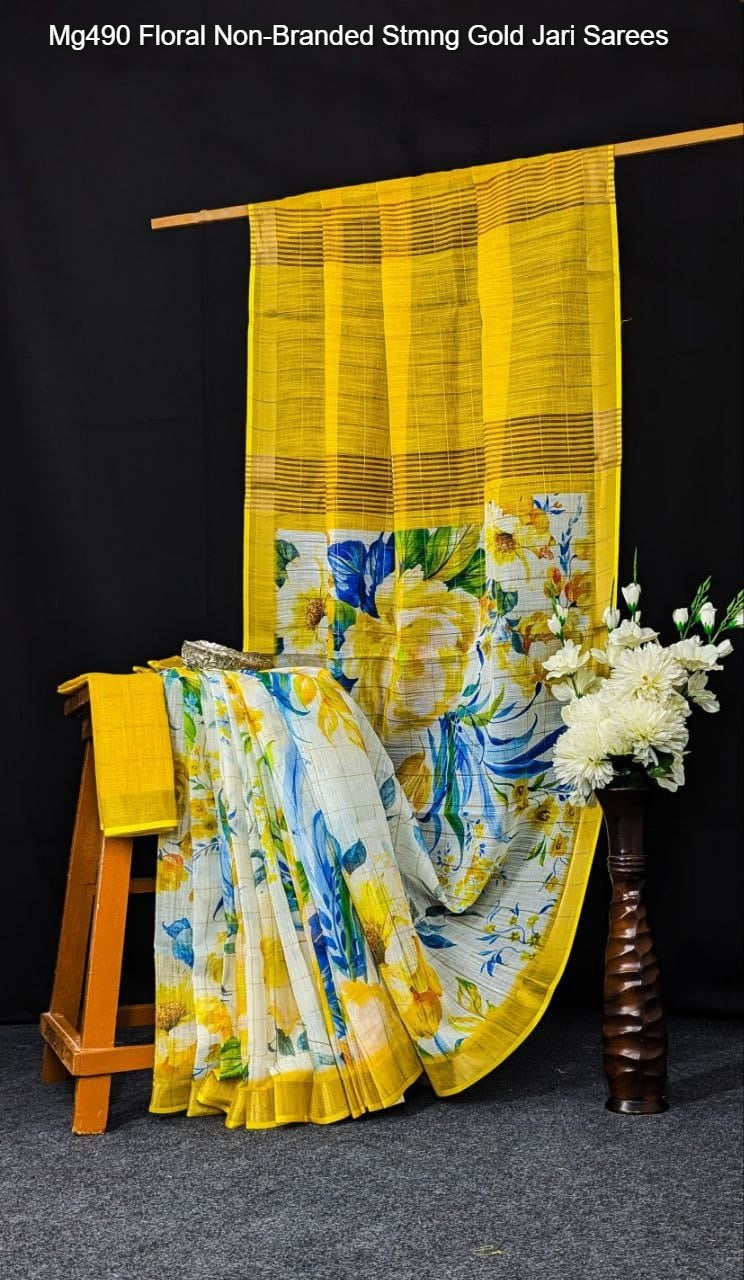 Mg490 Floral Non-Branded Stmng Gold Jari Sarees