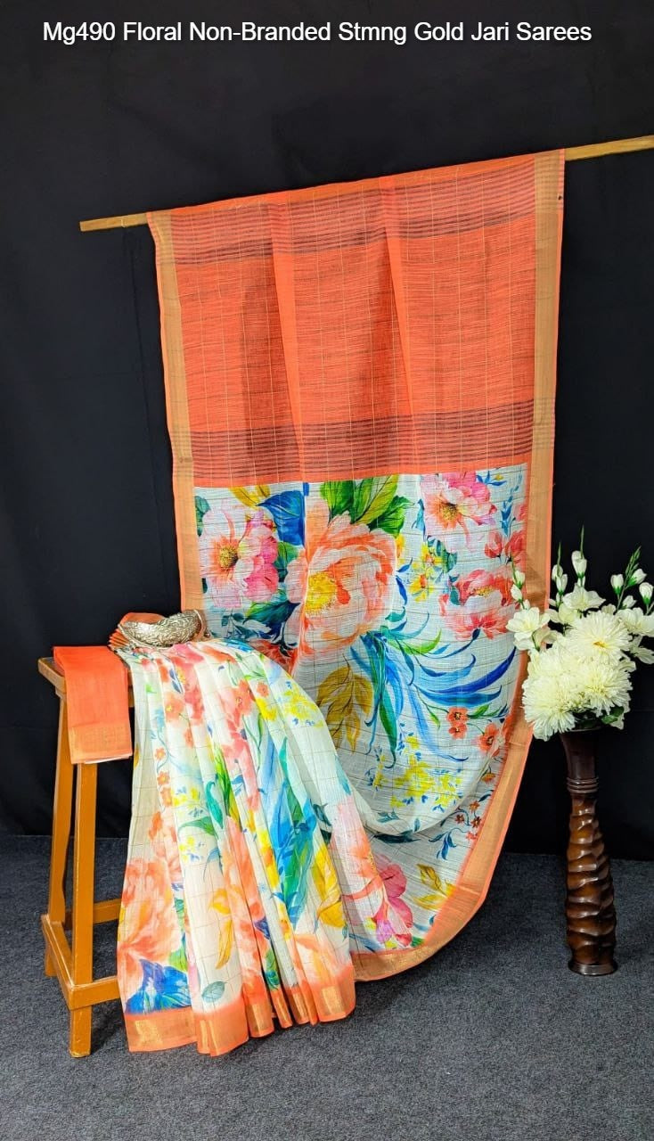 Mg490 Floral Non-Branded Stmng Gold Jari Sarees
