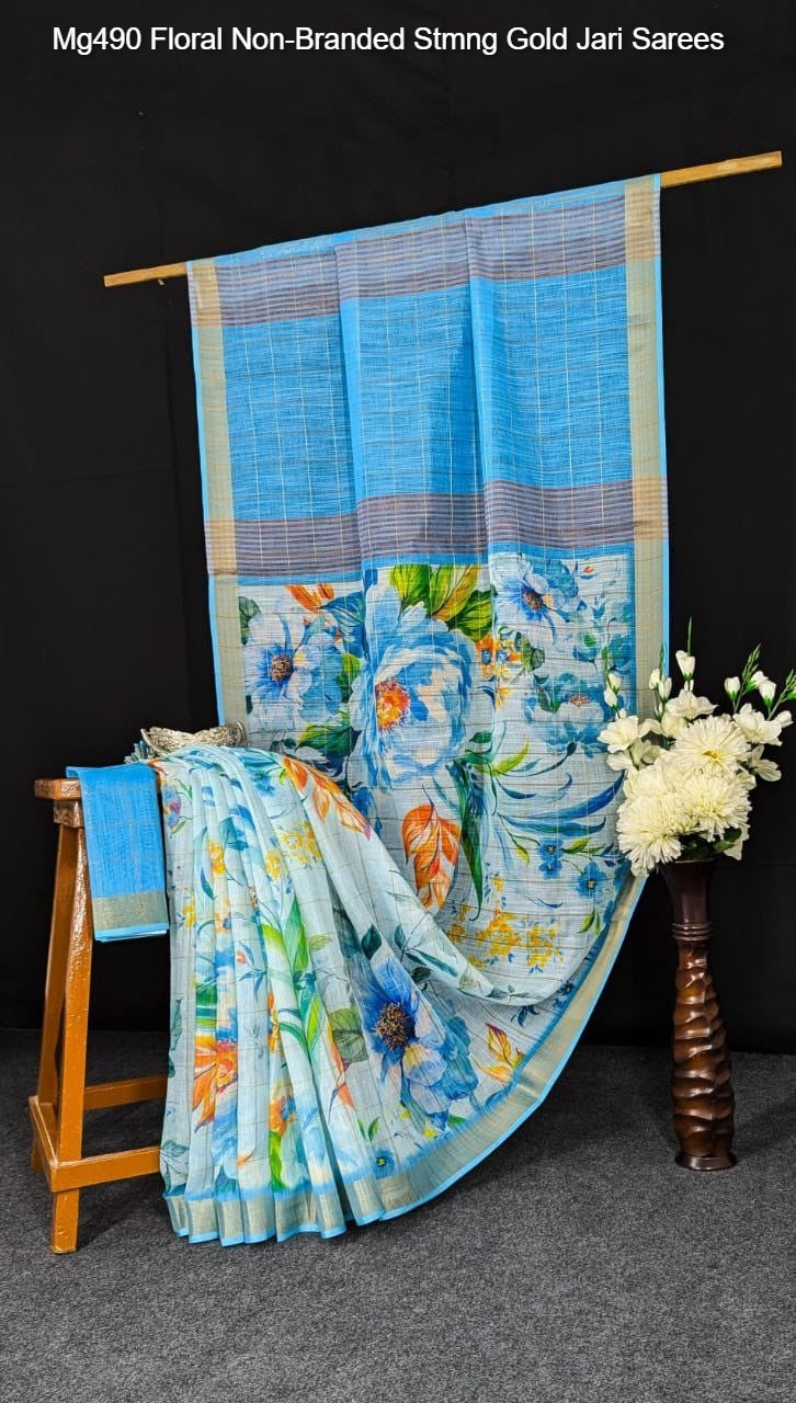 Mg490 Floral Non-Branded Stmng Gold Jari Sarees