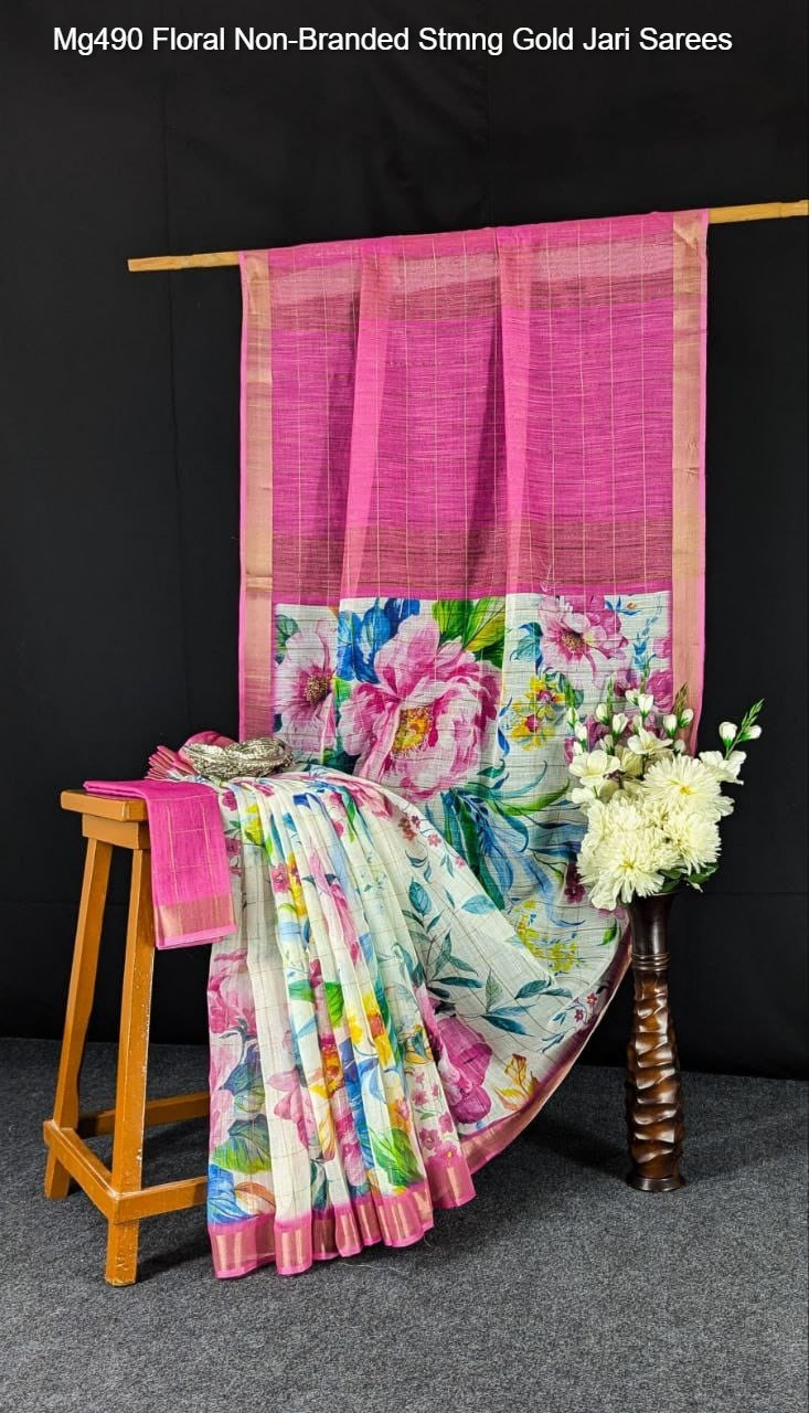 Mg490 Floral Non-Branded Stmng Gold Jari Sarees