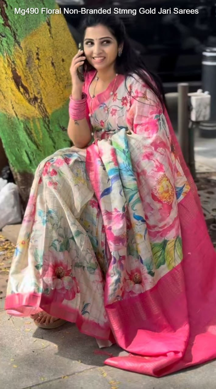 Mg490 Floral Non-Branded Stmng Gold Jari Sarees