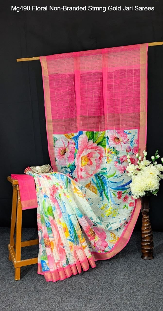 Mg490 Floral Non-Branded Stmng Gold Jari Sarees