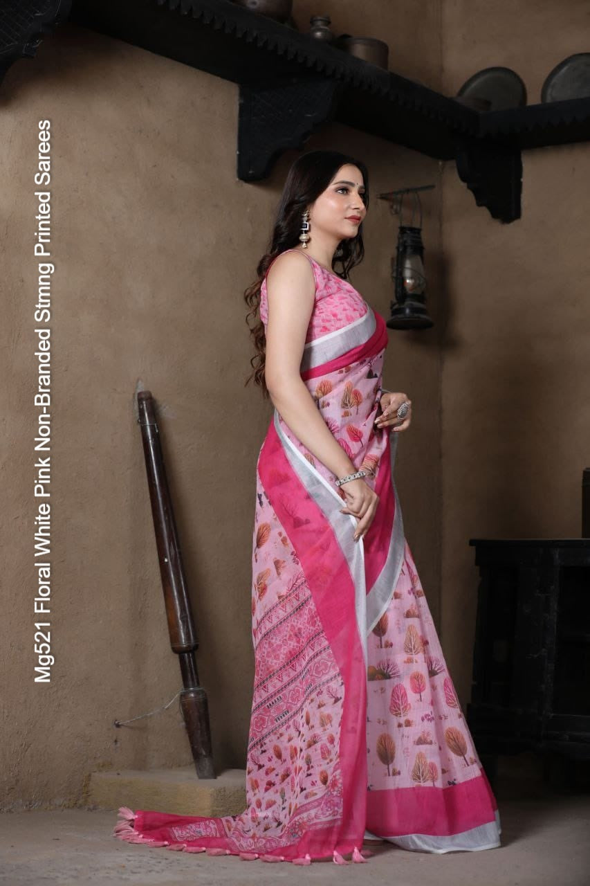 Mg521 Floral White Pink Non-Branded Stmng Printed Sarees