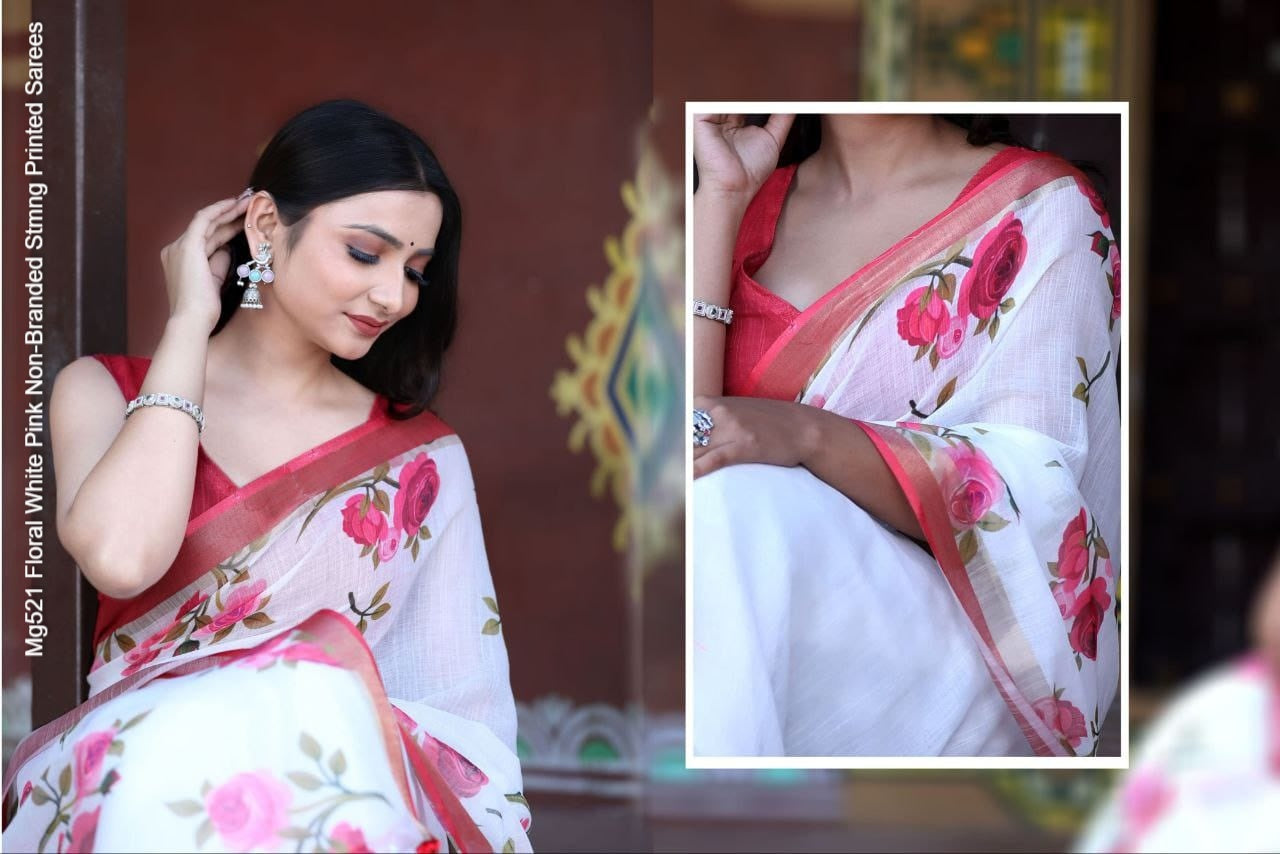 Mg521 Floral White Pink Non-Branded Stmng Printed Sarees