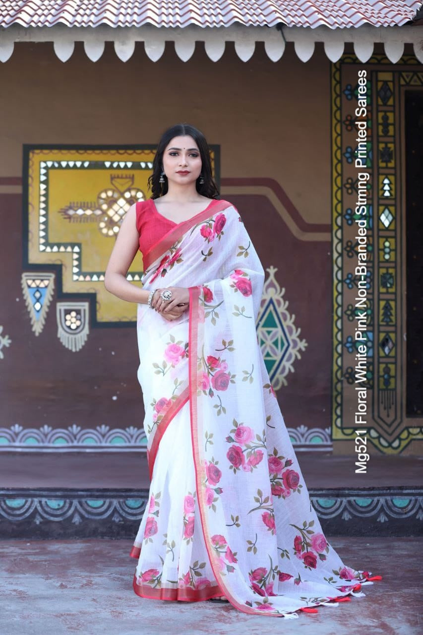 Mg521 Floral White Pink Non-Branded Stmng Printed Sarees