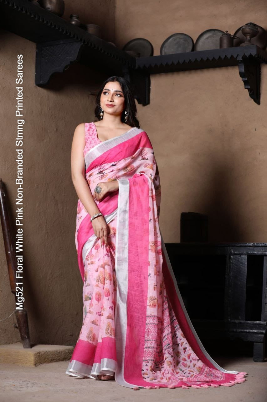 Mg521 Floral White Pink Non-Branded Stmng Printed Sarees