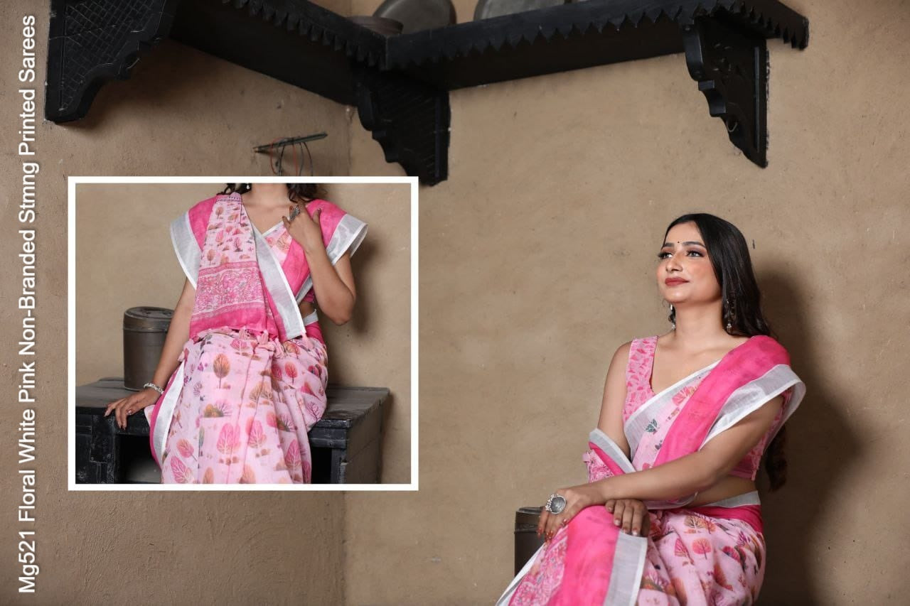 Mg521 Floral White Pink Non-Branded Stmng Printed Sarees